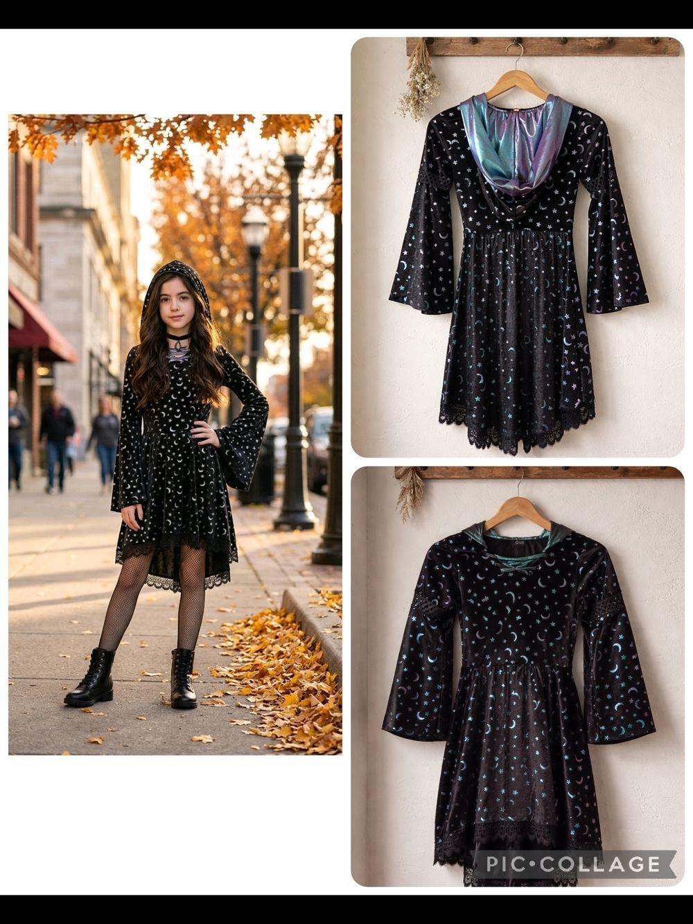 Spirit Black Velvet Moon & Stars Hooded Witch Dress Costume